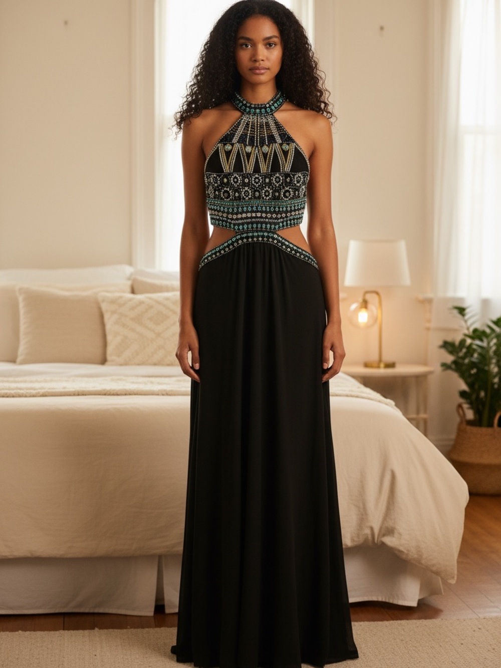Dave & Johnny NWT Black Beaded Cut Out Halter Pageant Evening Maxi Dress